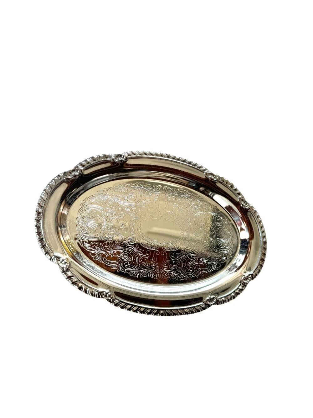 Decorative Silver-Plated Oval Serving Tray With Intricate Floral Engravings